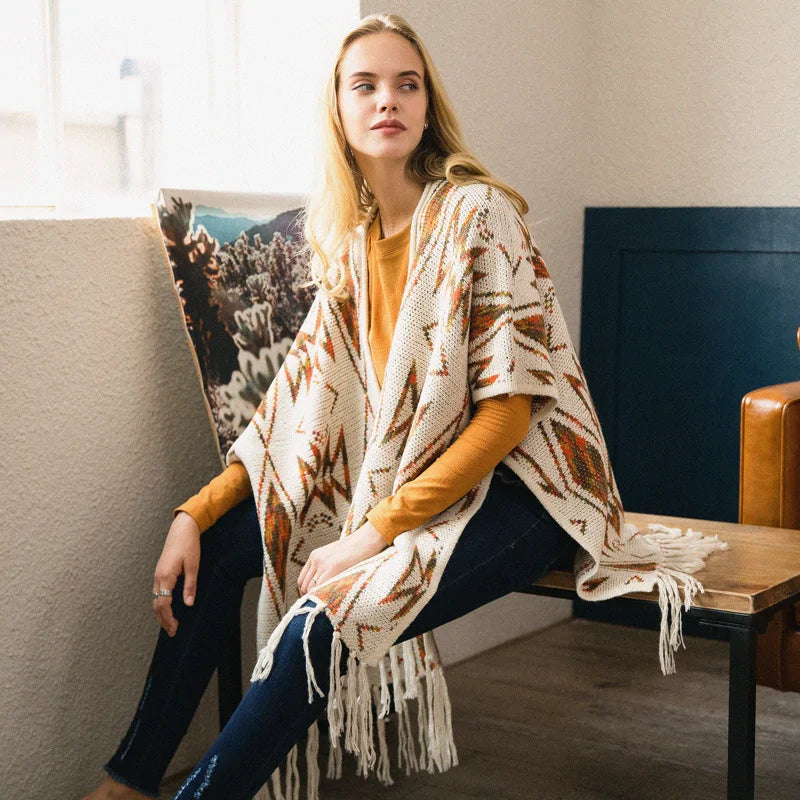 Bohemian Winter Fringed Cloak Style Sweaters