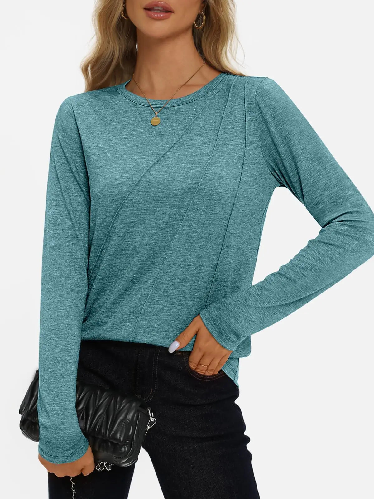 AUTOMET Womens Long Sleeve Shirts Pleated Crew Neck Casual Fall Fashion Tops Loose Fit Lightweight Girls Outfits Clothes Large Bluegreen