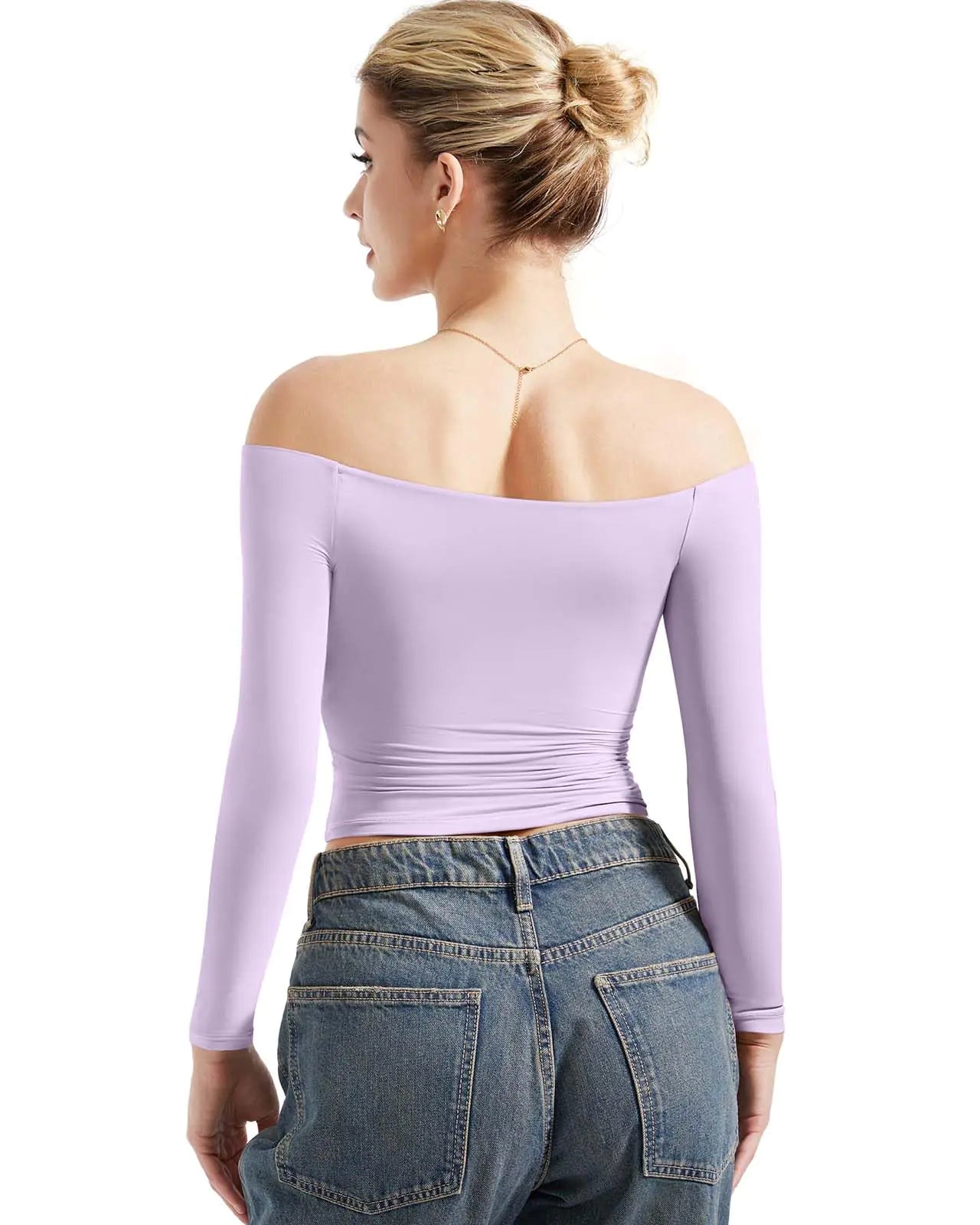 SUUKSESS Women Off Shoulder Double Lined Long Sleeve Shirts Basic Going Out Tops X-Small Lilac