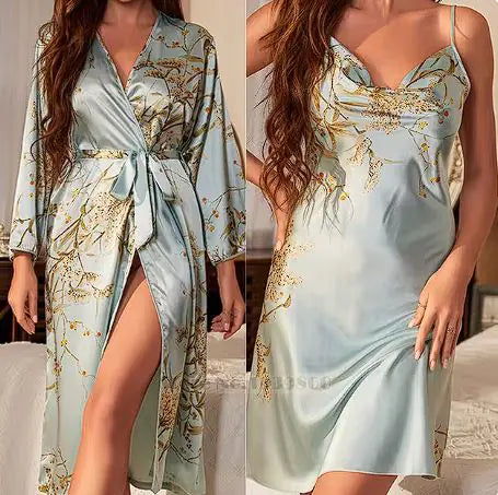 Cherry Print Satin Nightgown & Robe Set