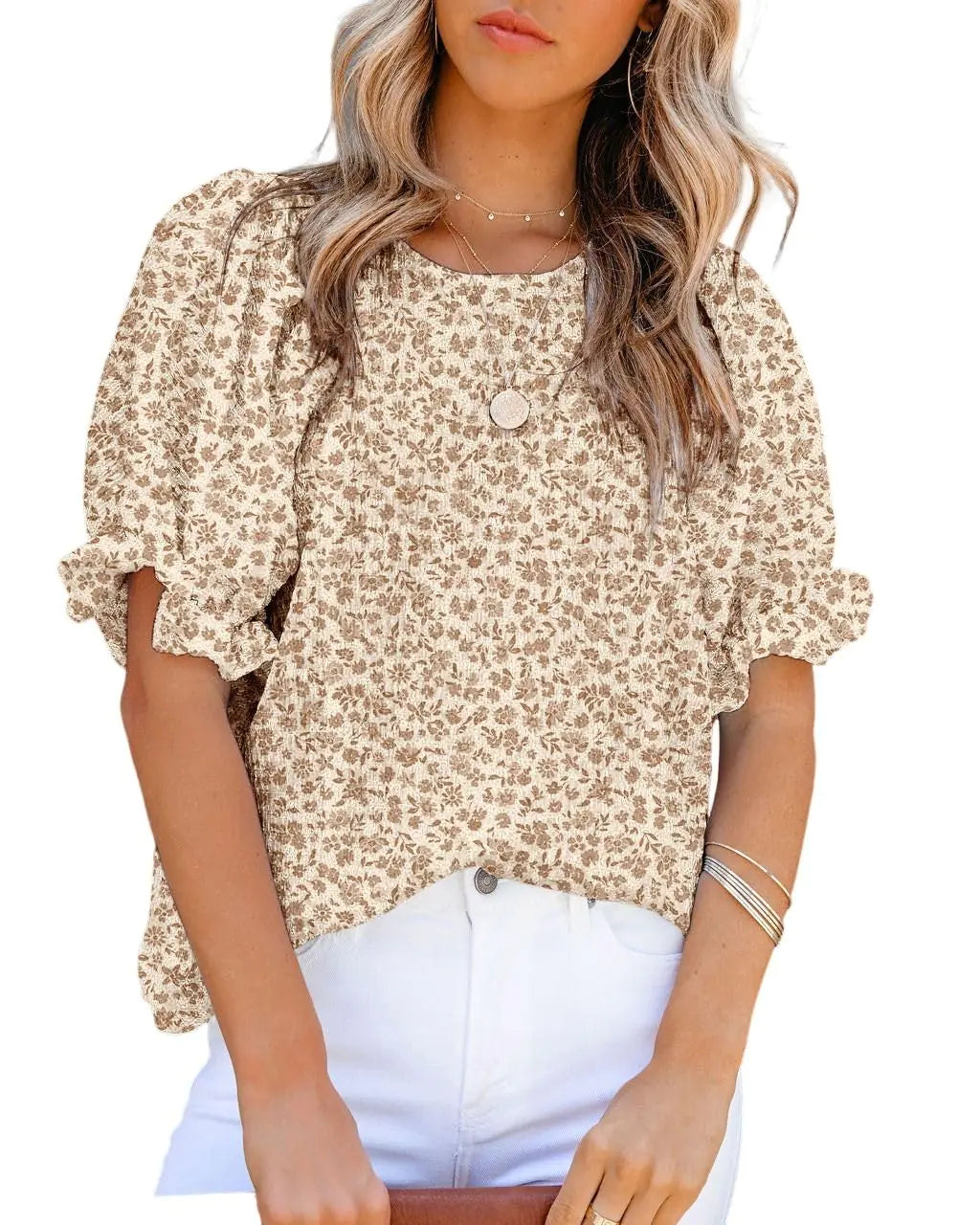 Dokotoo Floral Print Blouses for Women Crewneck Smocked Puff Sleeve Shirts Casual Babydoll Tops XX-Large 1 Khaki