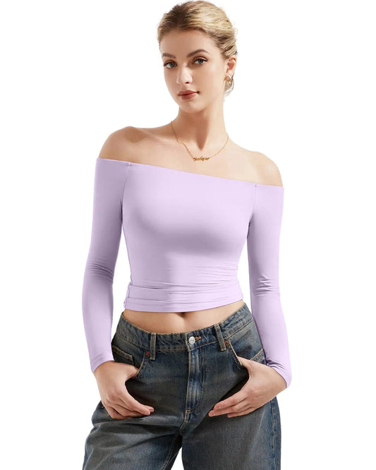 SUUKSESS Women Off Shoulder Double Lined Long Sleeve Shirts Basic Going Out Tops X-Small Lilac