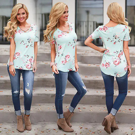 Floral Short Sleeve Top with Cutout Neckline in 5 Colors