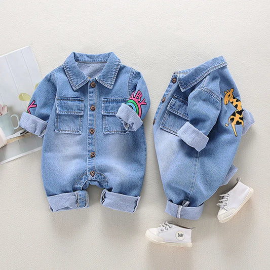 Newborn Denim Romper with Cartoon Design