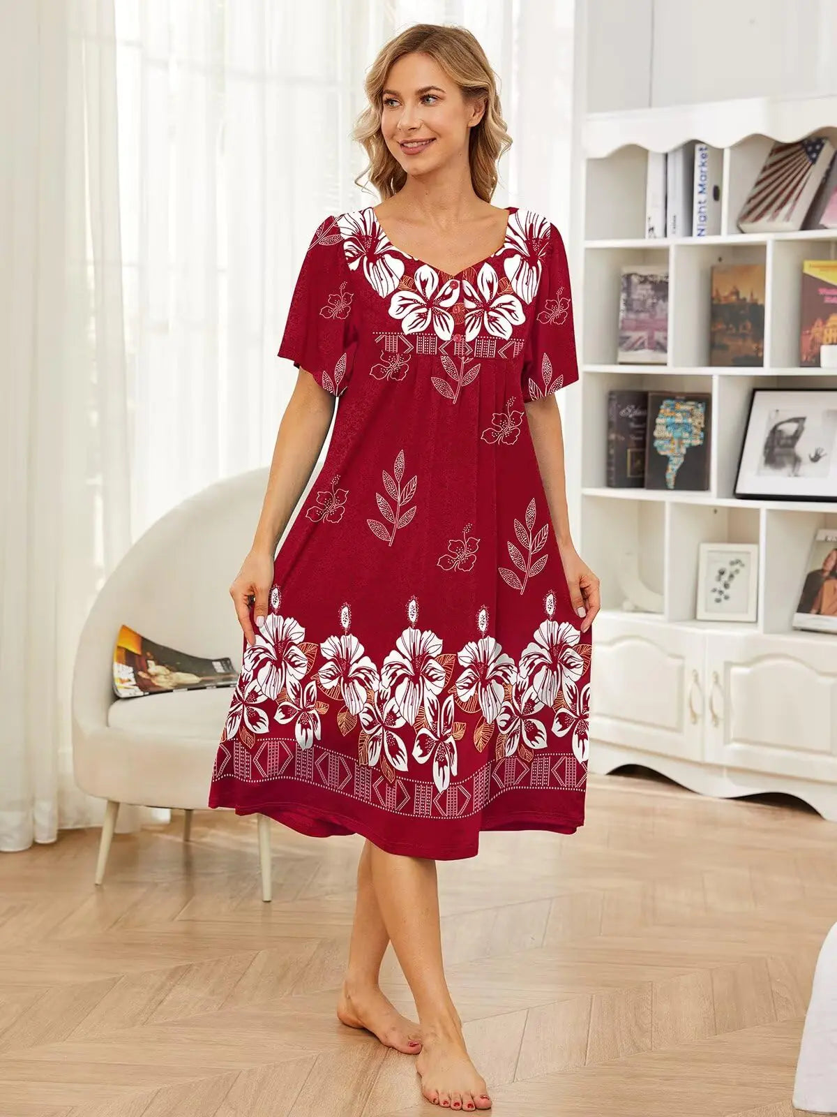 House Dresses for Women with Pockets Moo Moo Nightgown Short Sleeve Mumu Dress Lounge Dress S-3XL Wine Red 5X-Large