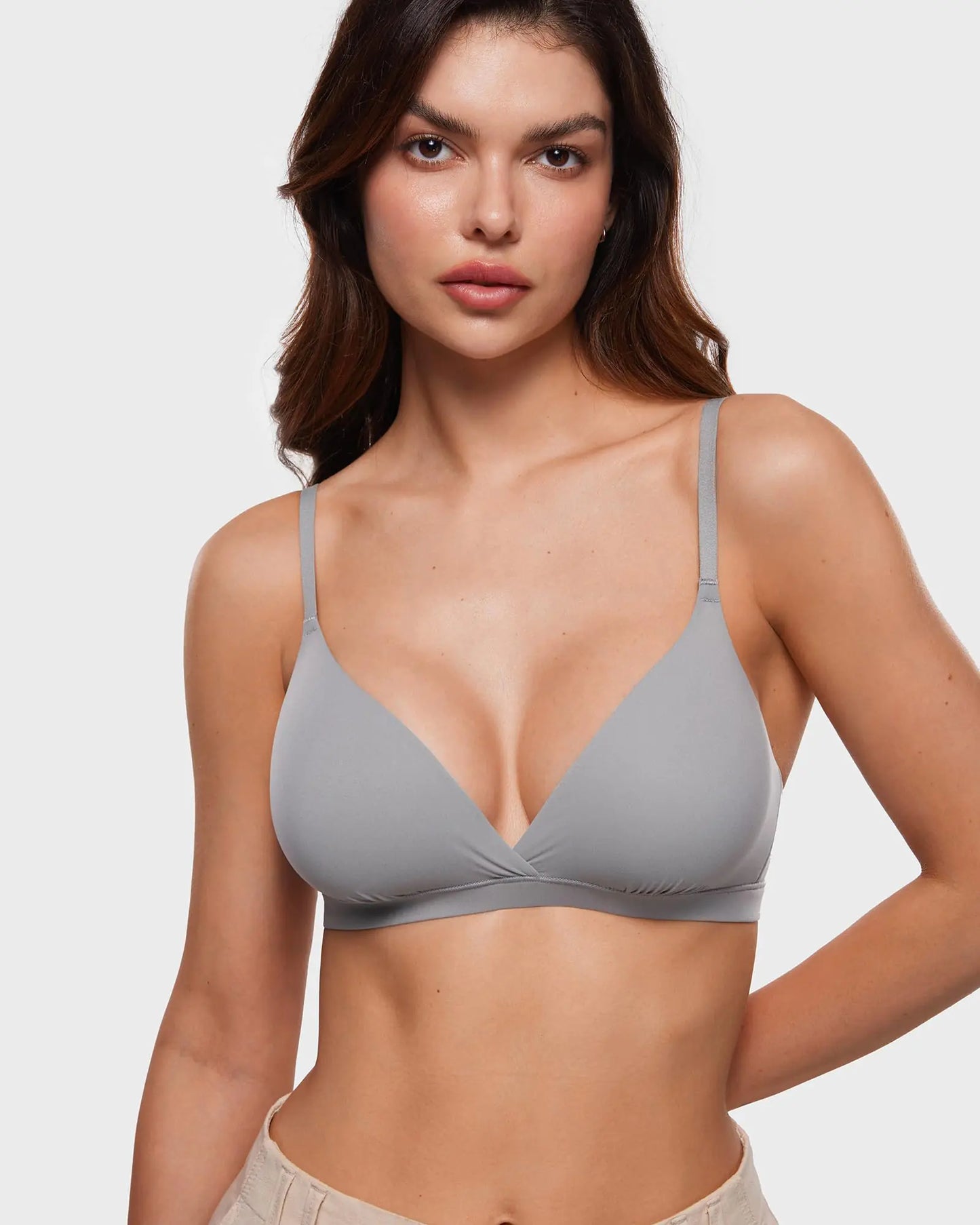 Women's Inbarely Triangle Bralette Comfortable Unlined V Neck Wireless Smoothing Bra Top Stretch X-Small Neutral Gray