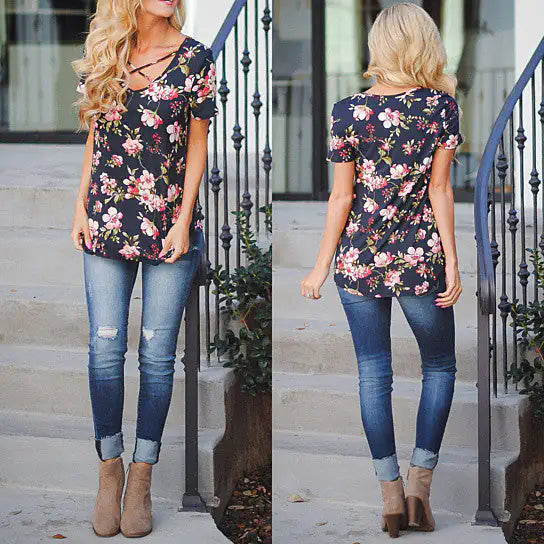 Floral Short Sleeve Top with Cutout Neckline in 5 Colors