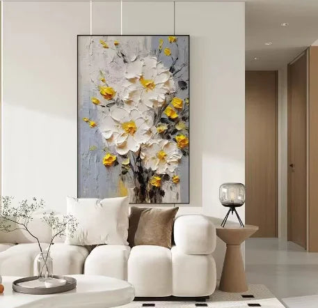 Nordic Abstract Cream Flower Hand-Painted Oil Painting for Living Room Decor