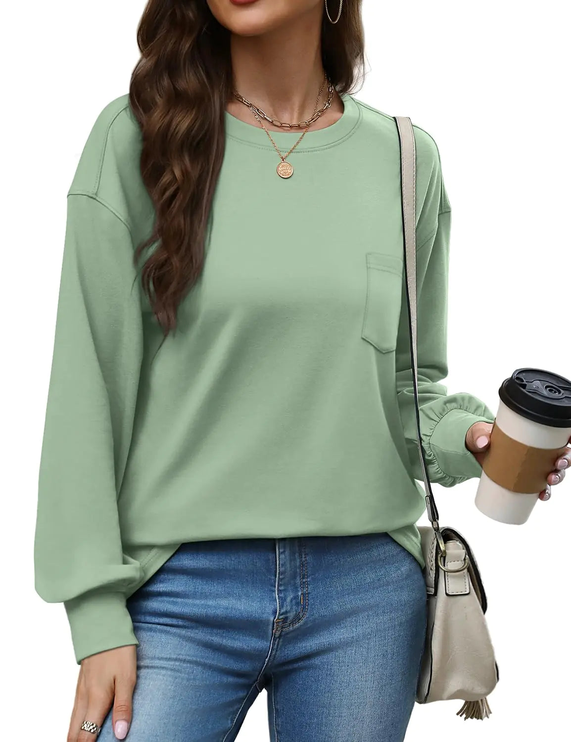 WIHOLL Womens Long Sleeve Shirts Fall Tops Casual Crewneck Loose with Pocket Trendy Clothes Balmy Green Small