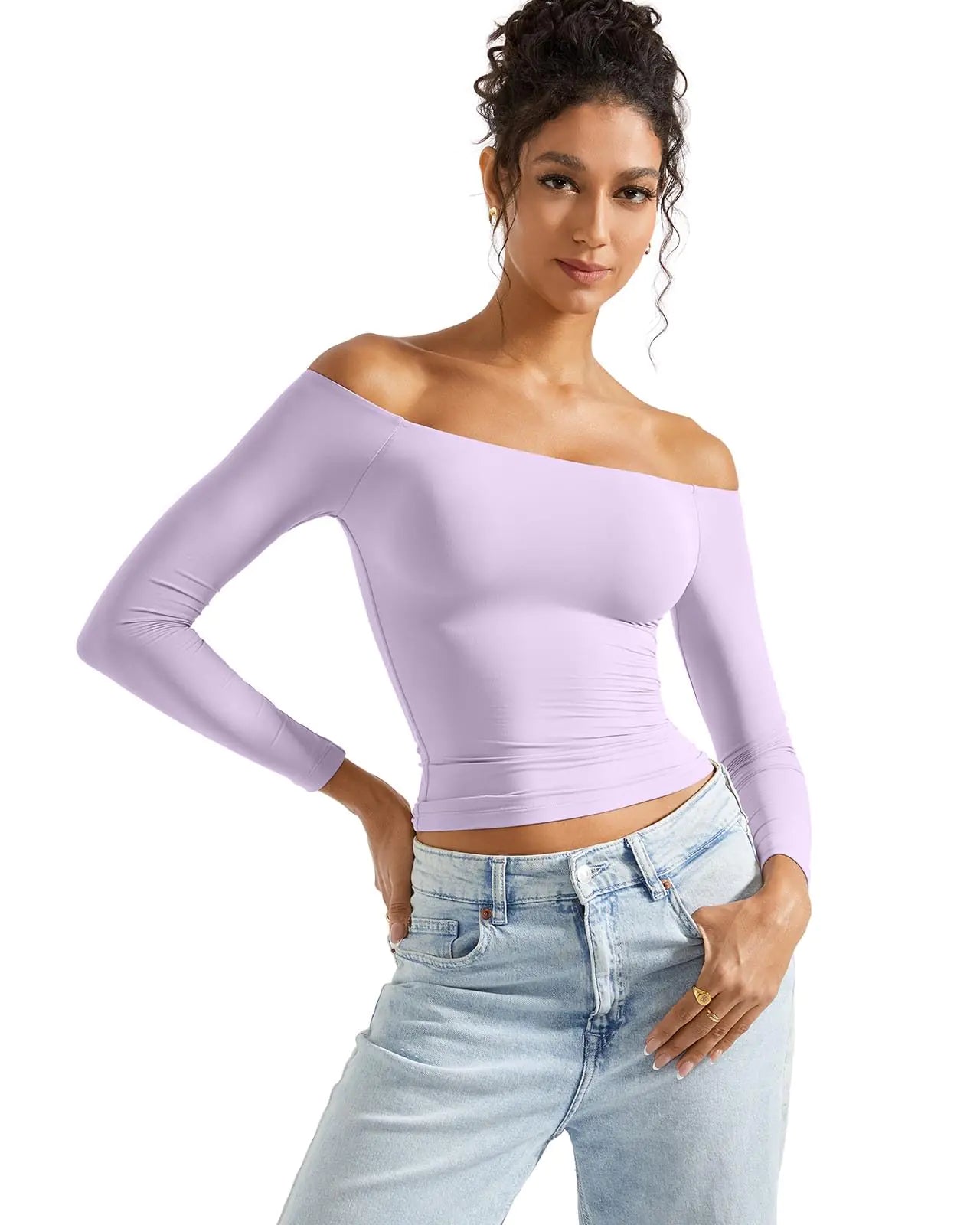 SUUKSESS Women Off Shoulder Double Lined Long Sleeve Shirts Basic Going Out Tops X-Small Lilac