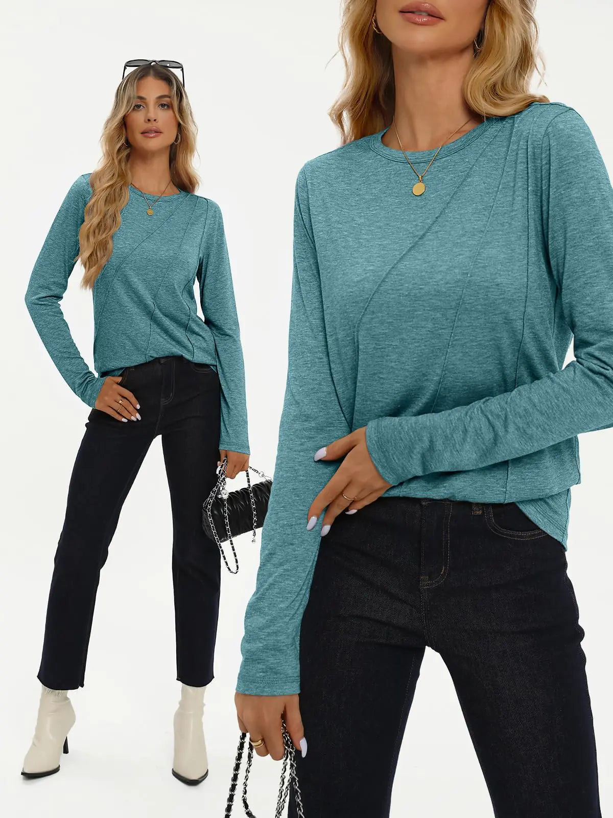 AUTOMET Womens Long Sleeve Shirts Pleated Crew Neck Casual Fall Fashion Tops Loose Fit Lightweight Girls Outfits Clothes Large Bluegreen