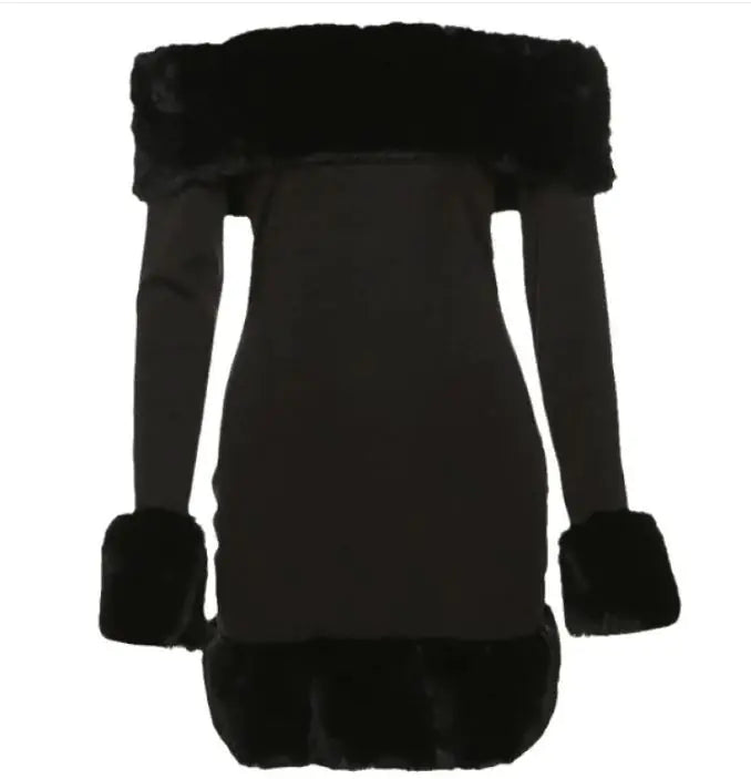 Chic Fluffy Fur Collar Patchwork Black Mini Dress