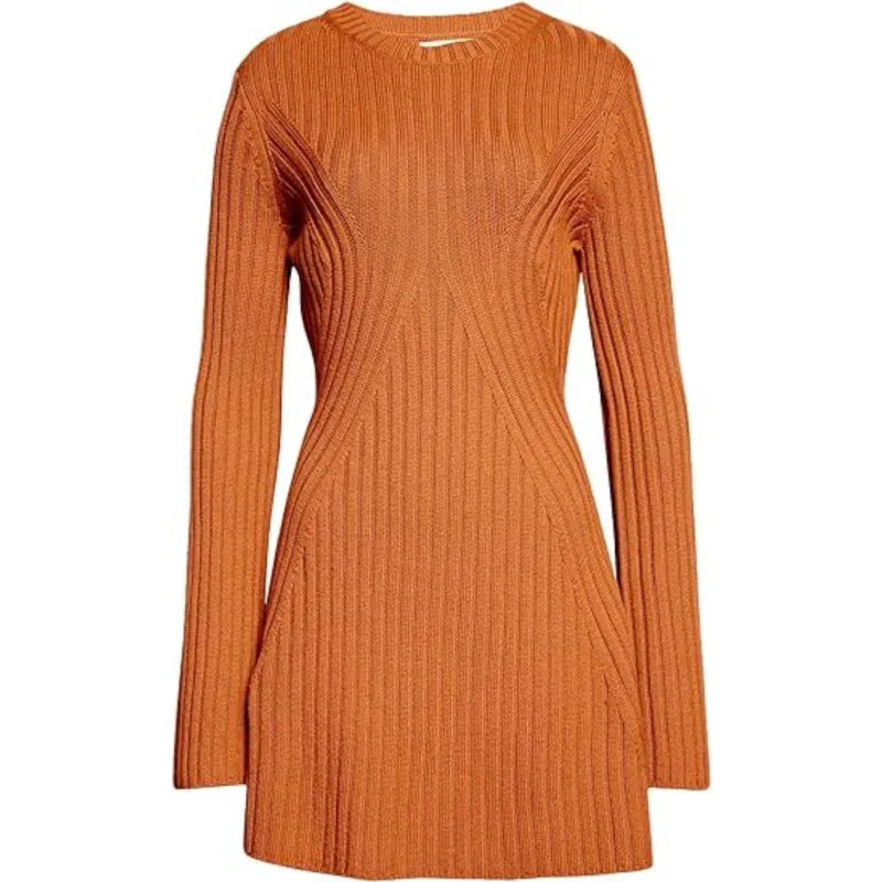 Women's Long-sleeved Knitted Dress Solid Color Casual Wool Woolen Skirt