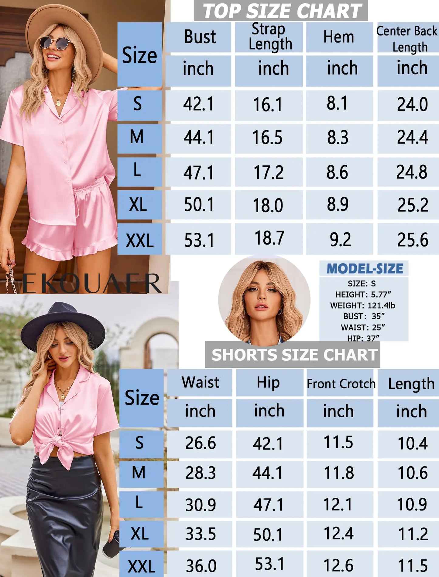 Ekouaer Damen-Pyjama-Set aus Satin mit Knopfleiste, 2-teilig, Seiden-Pyjama-Shorts-Set, Rüschen-Dessous, Reverskragen, Nachtwäsche, Windrot, Medium