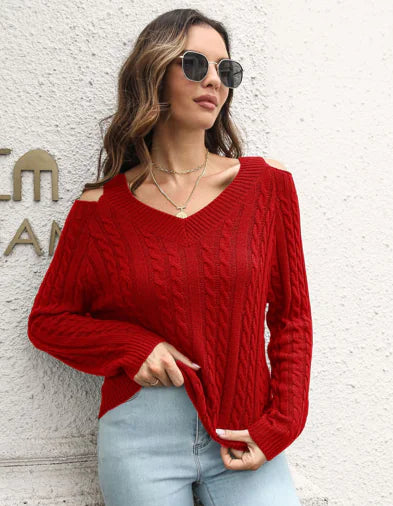 Off-Shoulder V-Neck Loose Sweater