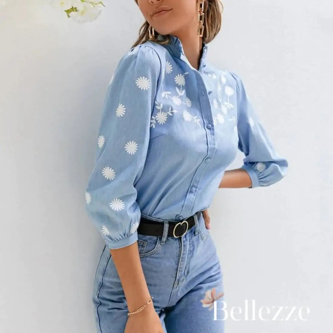 Spring and Autumn 2022 New Denim Blue Lace Shirt