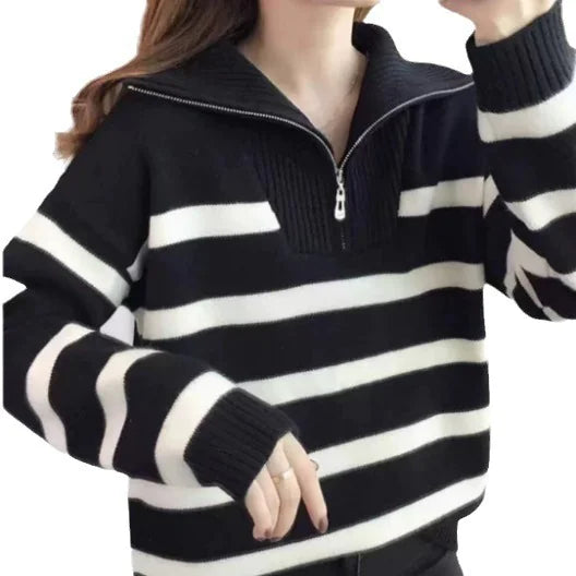 Women's Contrast Color Striped Sweater With Zipper