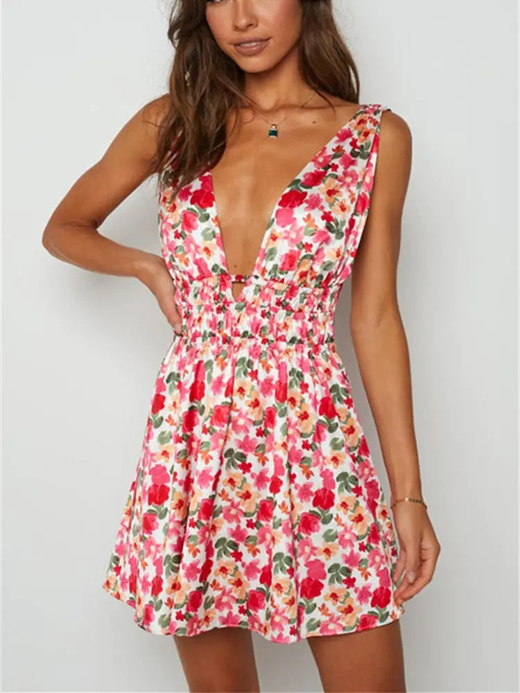 Floral Print Backless Short Dress