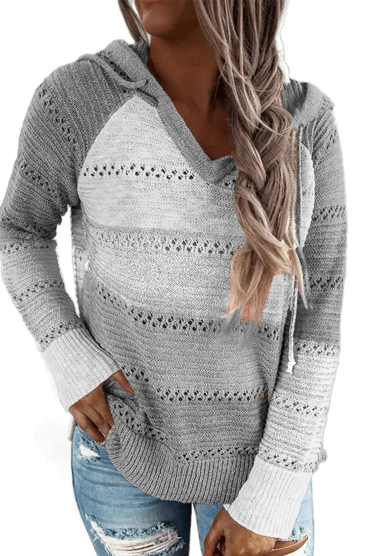 BLENCOT Women Color Block Hooded Crochet Striped Sweaters Lightweight Drawstring Hoodies Pullover Trendy Sweatshirts X-Large Grey