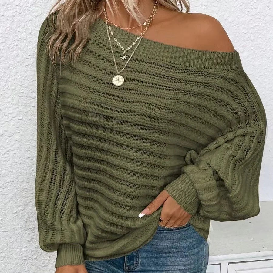 Boat Neck Batwing Sleeve Textured Knit Sweater