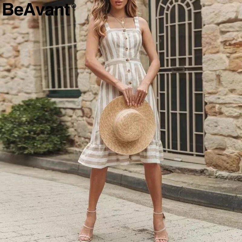 BeAvant Lässiges gestreiftes Leinen-Baumwollkleid für Damen mit Knopfleiste, Strand-Sommerkleid 2019, sexy rückenfreie Midikleider für Damen, Vestidos