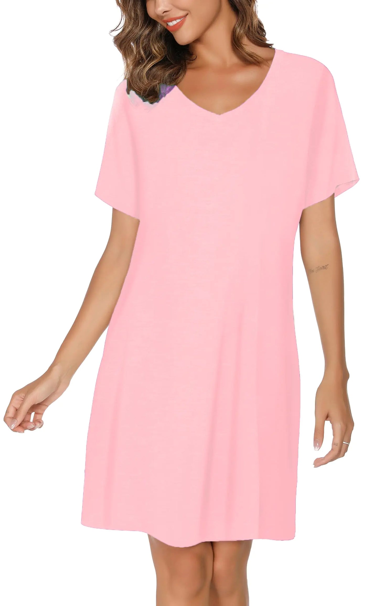 Nachthemden für Damen, weiche Baumwolle, Schlafhemden, kurzärmlig, Nachtwäsche, S-XXL, Rosa, X-Large