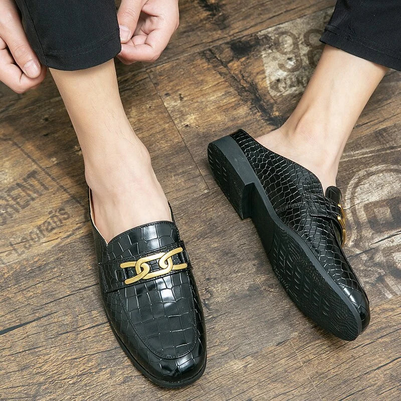 Crocodile Pattern Leather Mules Slippers for Men