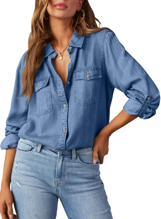 Astylish Women 2024 Button Down Denim Shirts Casual Long Sleeve V Neck Chambray Blouse Top Large Sky Blue