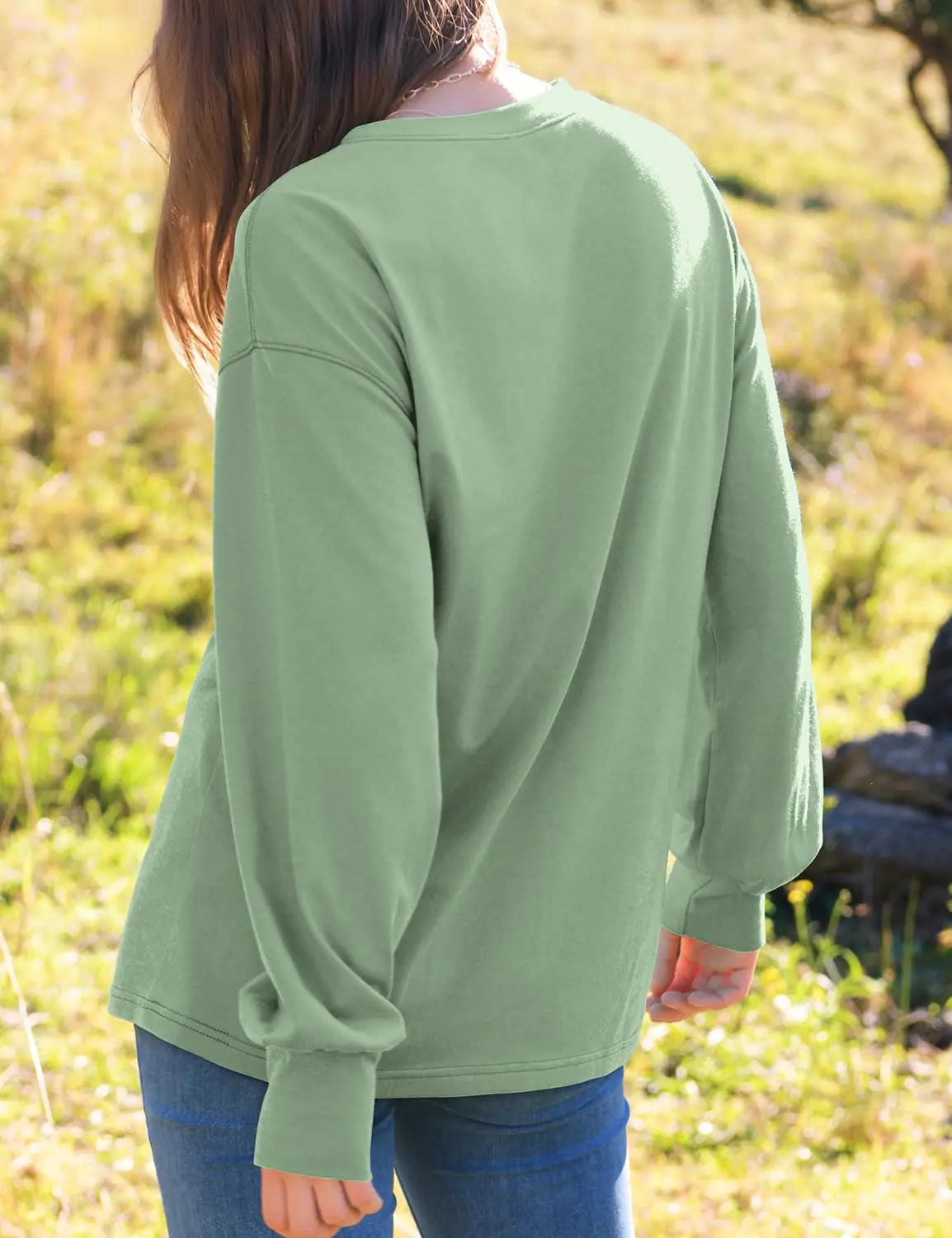 WIHOLL Womens Long Sleeve Shirts Fall Tops Casual Crewneck Loose with Pocket Trendy Clothes Balmy Green Small