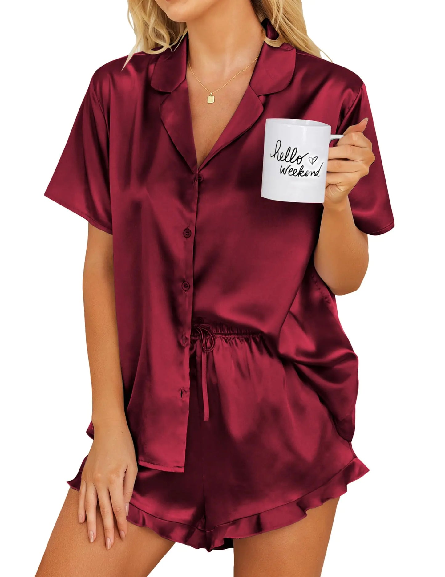 Ekouaer Damen-Pyjama-Set aus Satin mit Knopfleiste, 2-teilig, Seiden-Pyjama-Shorts-Set, Rüschen-Dessous, Reverskragen, Nachtwäsche, Windrot, Medium