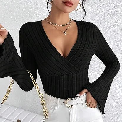 Ribbed V-Neck Slim-Fit Long Sleeve Top