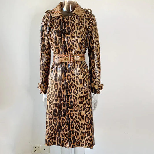 Leopard Printed Leather Trench Coat