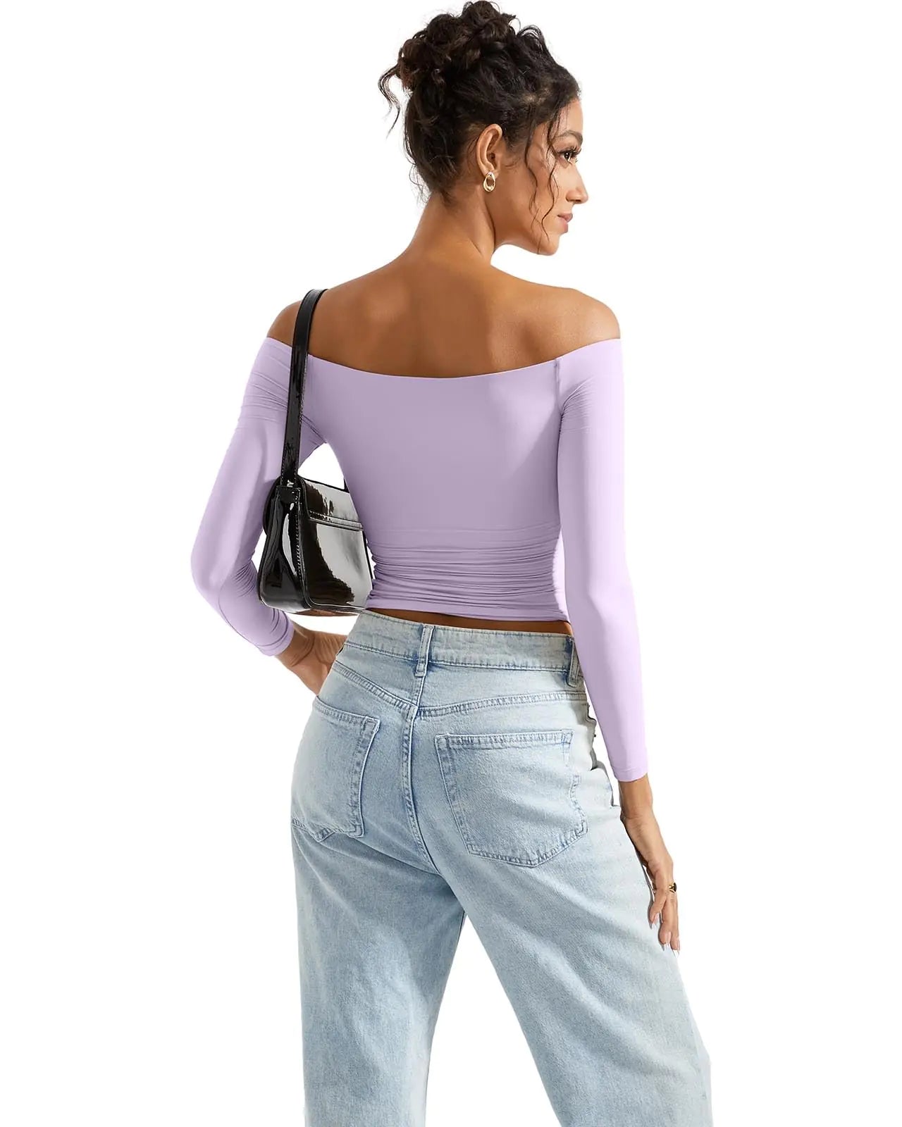 SUUKSESS Women Off Shoulder Double Lined Long Sleeve Shirts Basic Going Out Tops X-Small Lilac