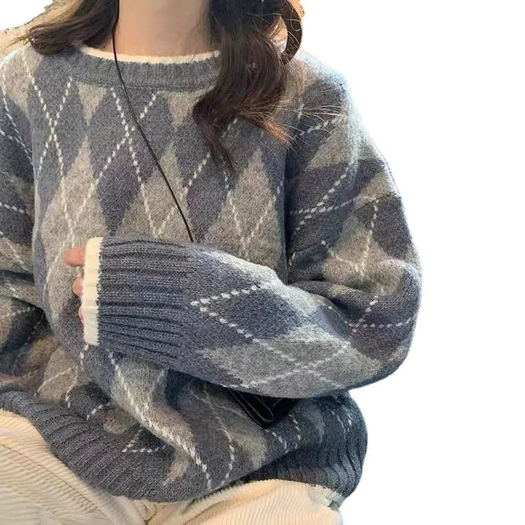 Rhombic Knit Pullover - Loose Winter Sweater