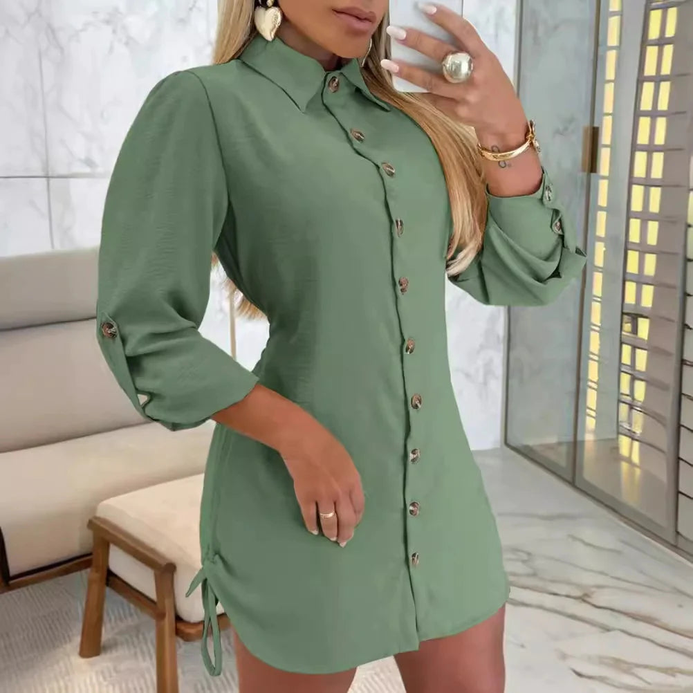 Drawstring Lapel Shirt Dress