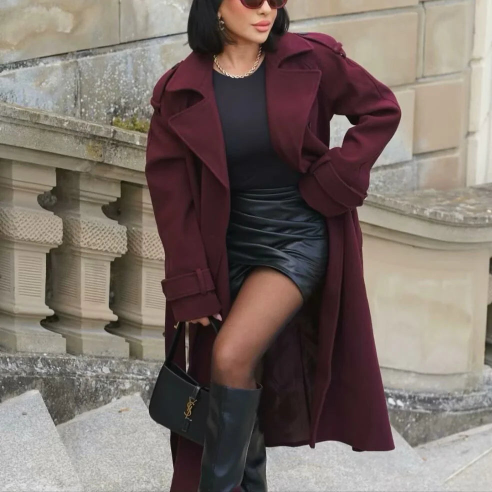 Elegant Bordeaux Lapel Mix Maxi Overcoat