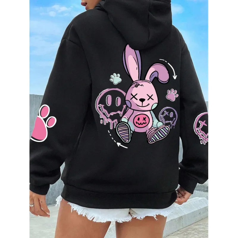 Drop-Shoulder Sleeve Printed Hooded Sweater