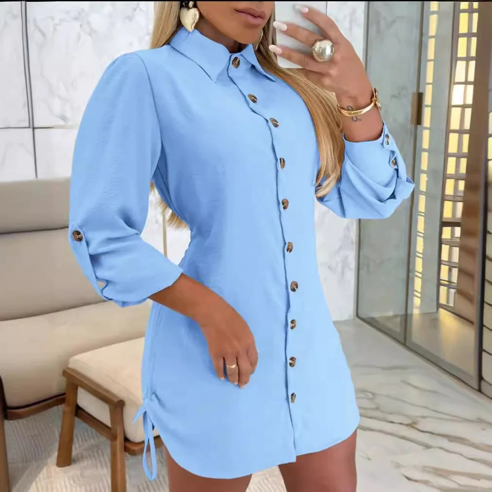 Drawstring Lapel Shirt Dress