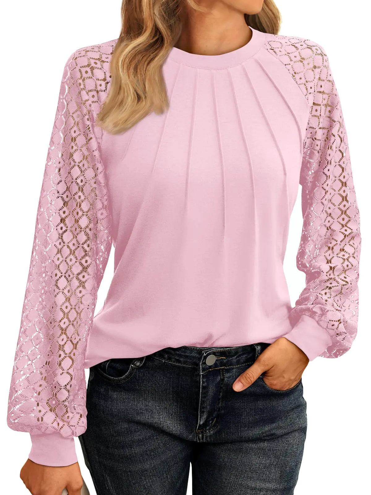 AUTOMET Womens Long Sleeve Shirts Lace Tops Business Casual Fall Fashion Outfits Clothes 2024 Knitted Y2k Blouses Small Pink