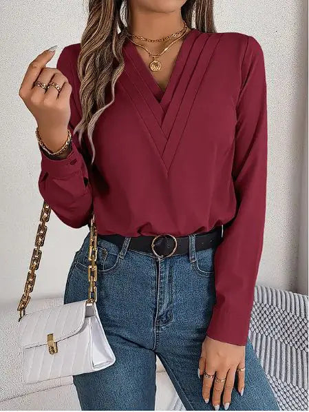 Elegant V-Neck Long Sleeve Office Blouse