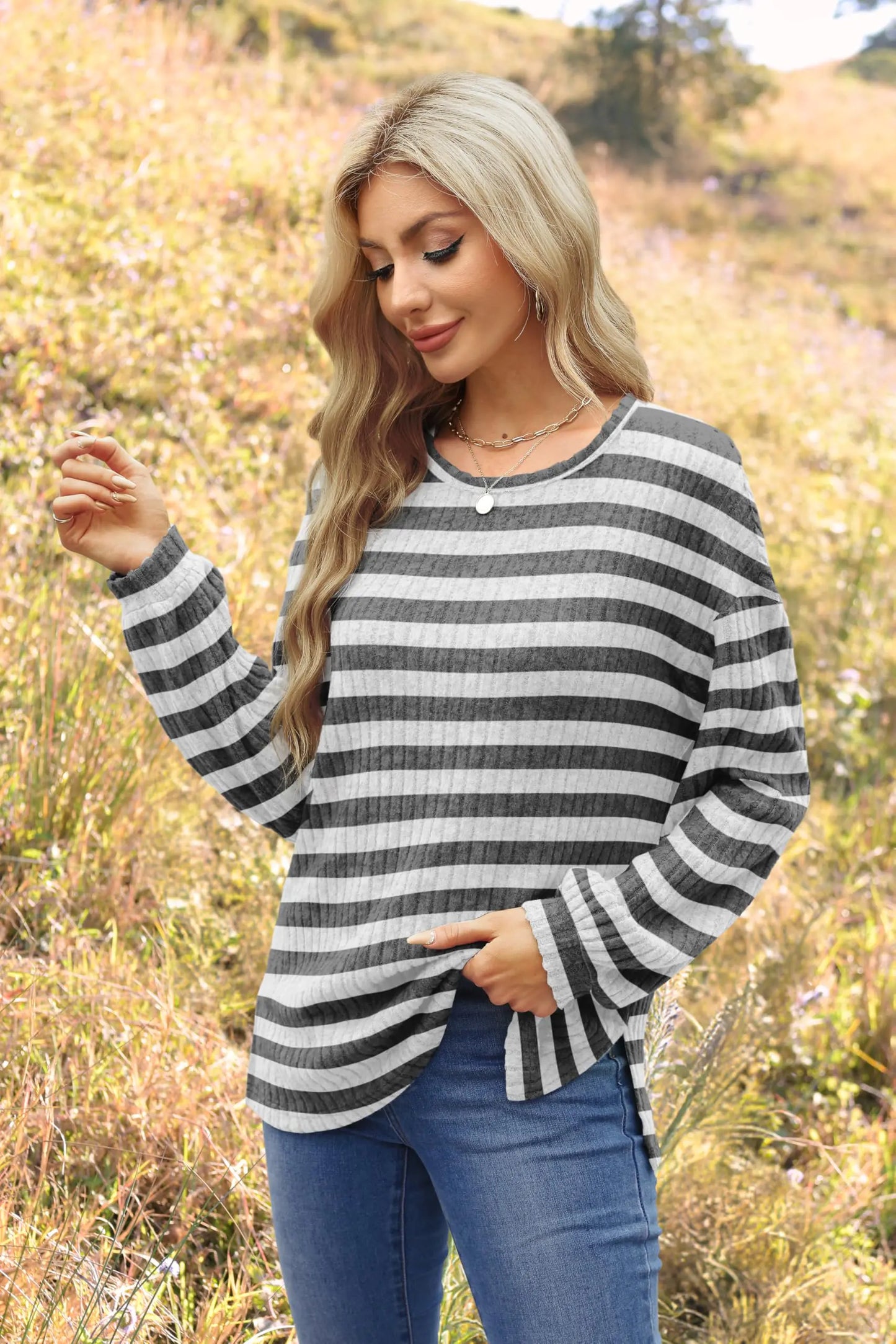 WIHOLL Long Sleeve Shirts for Women Loose Fit Casual Crewneck Tunic Tops Fall Fashion Pullover Sweaters Side Split Striped-grey Medium