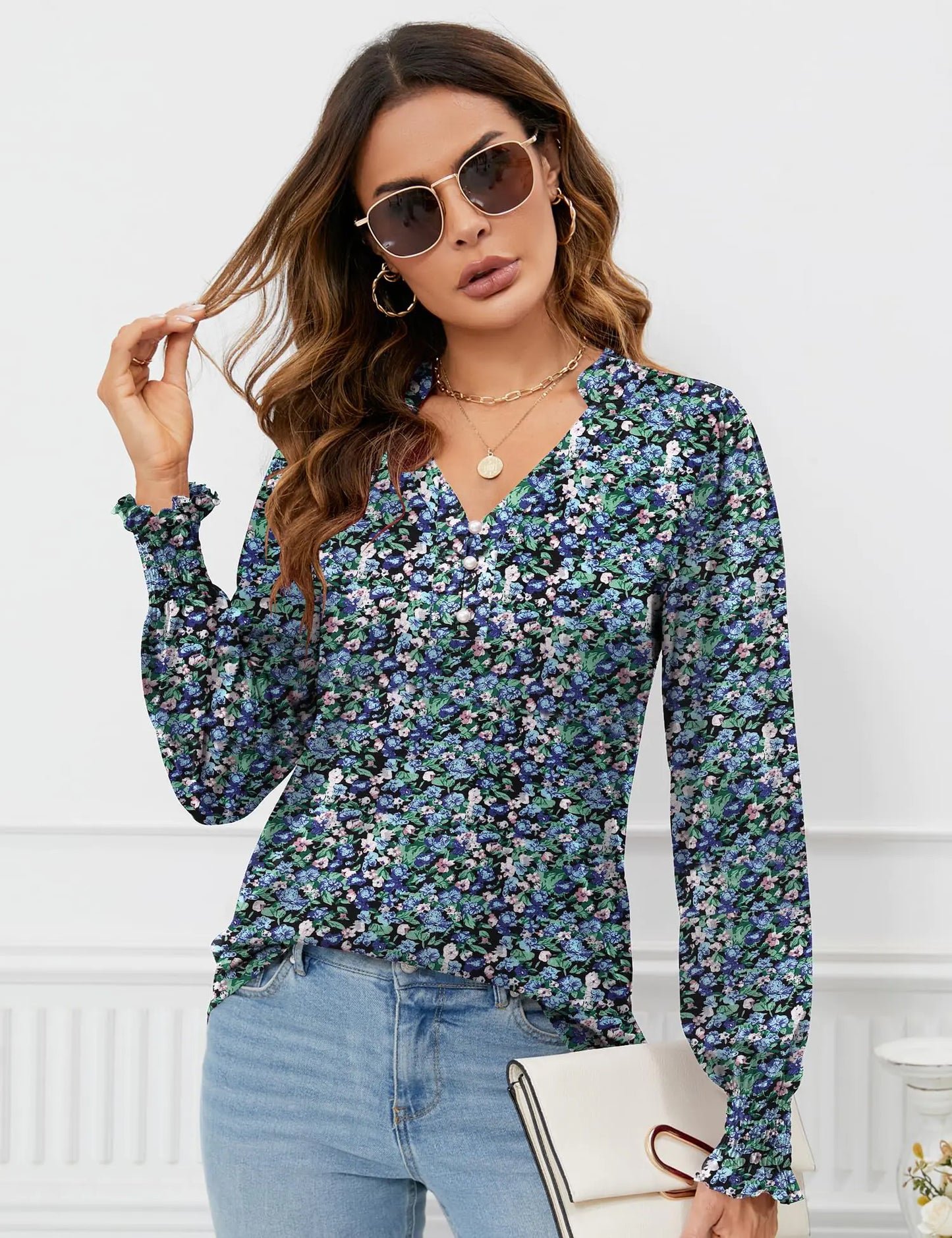 Rapbin Womens V Neck Puff Long Sleeve Button Down Tunic Blouses Fall Tops 2024 Ruffle Cuffs Dressy Casual T-Shirts Medium Long Sleeve-black Floral