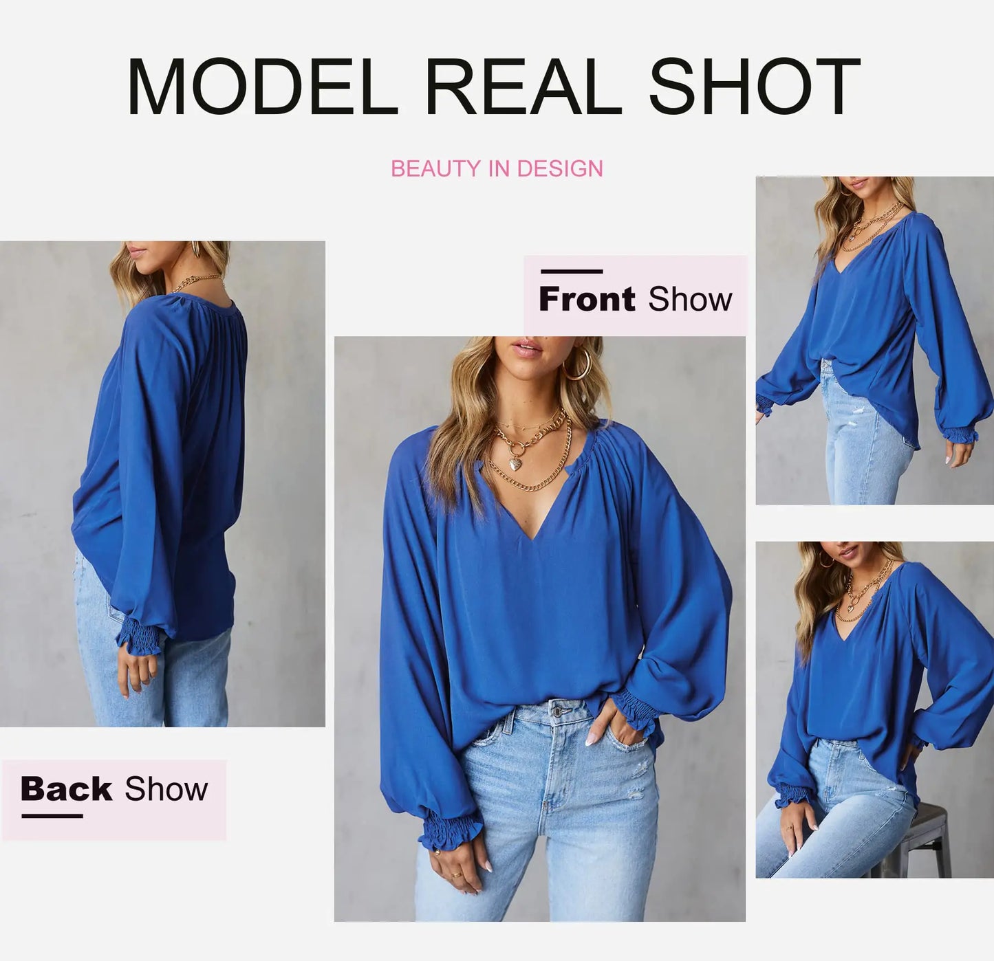 Dokotoo Womens Blouses Fashion Smocked Long Sleeve V Neck Casual Chiffon Shirts Tops Fall Outfits Clothes 2024 Blue XX-Large