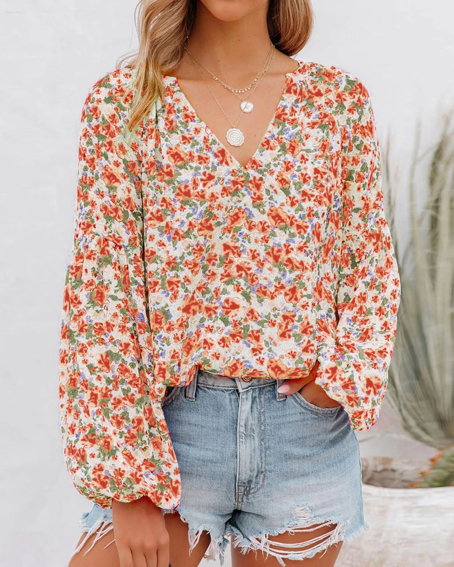 BTFBM Women Casual Boho Blouse Fashion Floral Shirts V Neck Long Puff Sleeve Lightweight Chiffon Summer Fall Tops 2024 Floral Orange Large