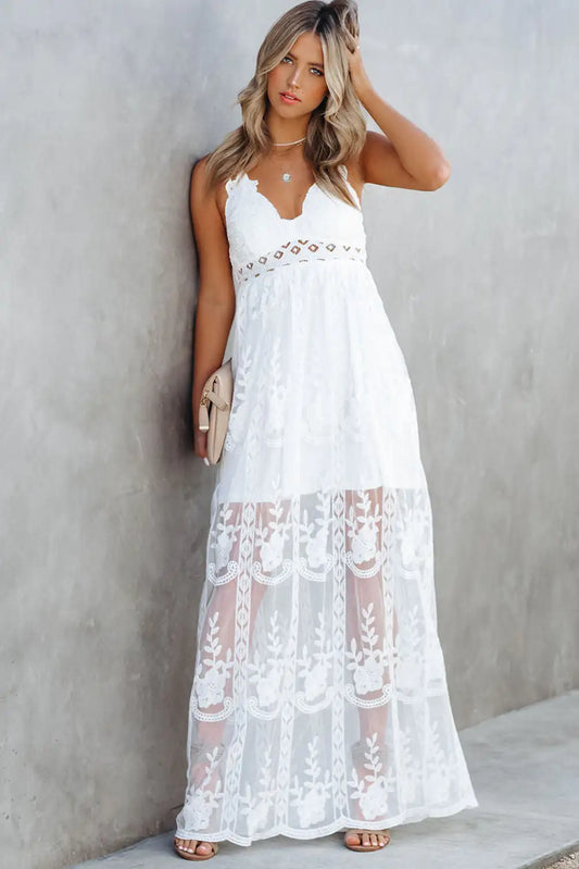 White Lace Crisscross Backless Maxi Dress