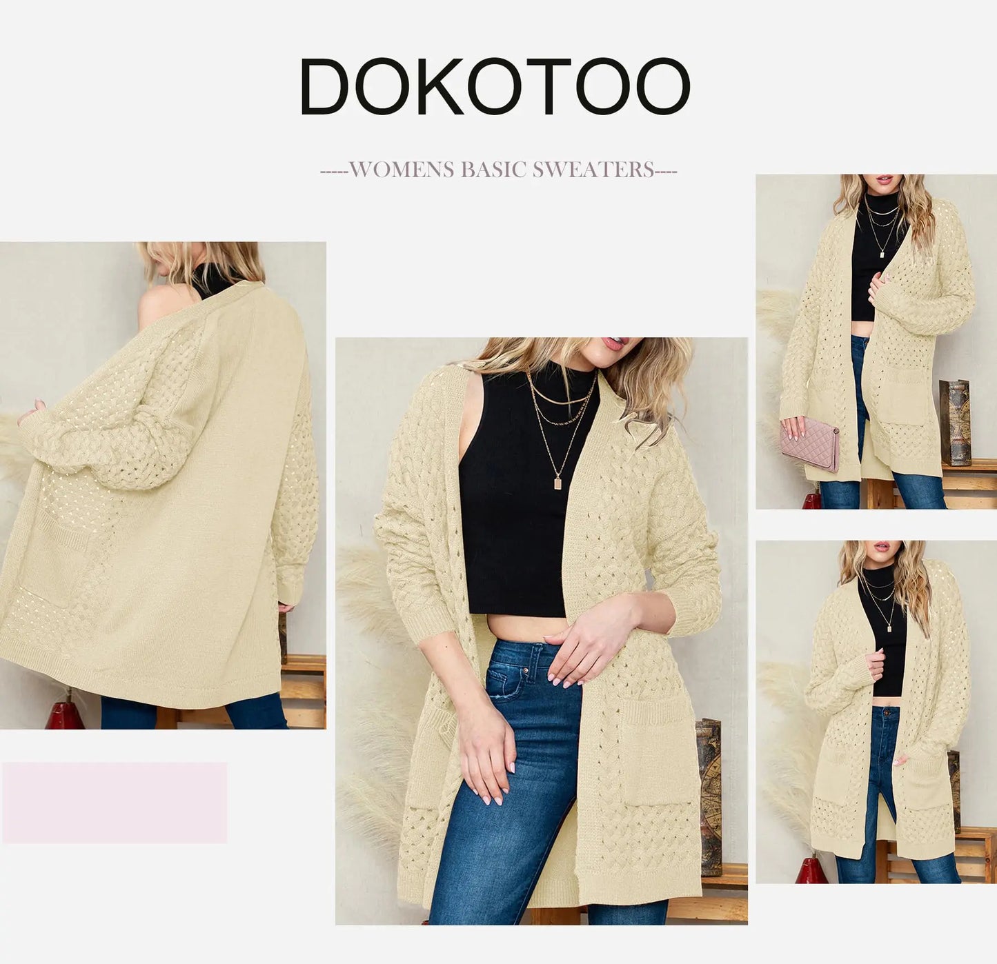 Dokotoo Women's 2024 Fashion Casual Open Front Long Sleeve Chunky Cable Knit Cardigans Sweaters Outerwear Coats with Pockets Medium Beige