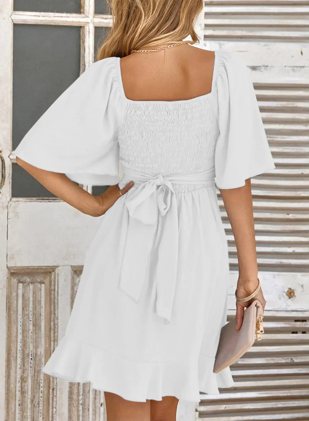 Women's Wrap V Neck Short Flared Sleeve Wedding Guest Dress X-Large White