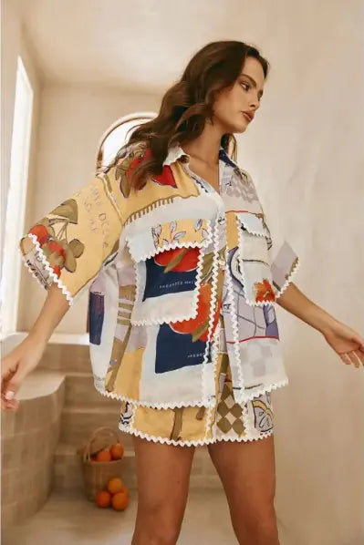 Printed Loose Casual Shorts Suit