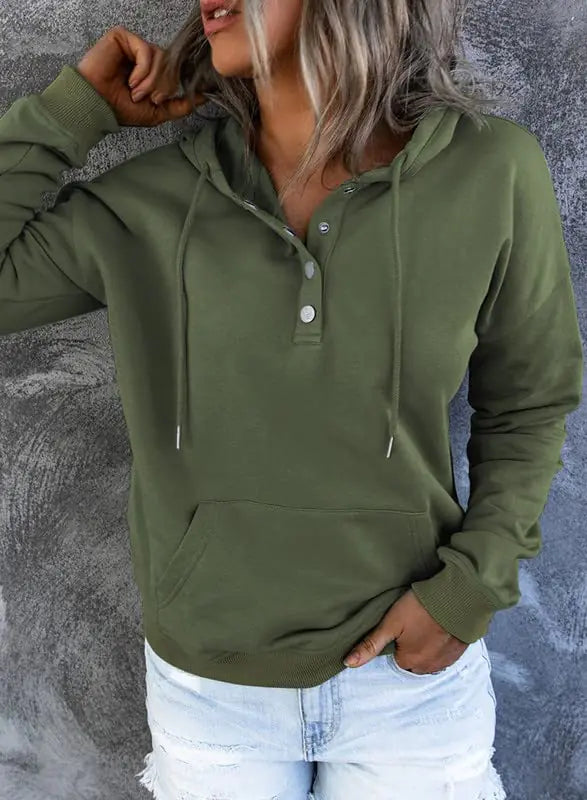 Dokotoo Damen 2024 Kapuzenpullover mit Knopfkragen und Kordelzug, Kapuzenpullover, lässig, langärmelig, Oberteile, Hemden, Grün, 4, groß