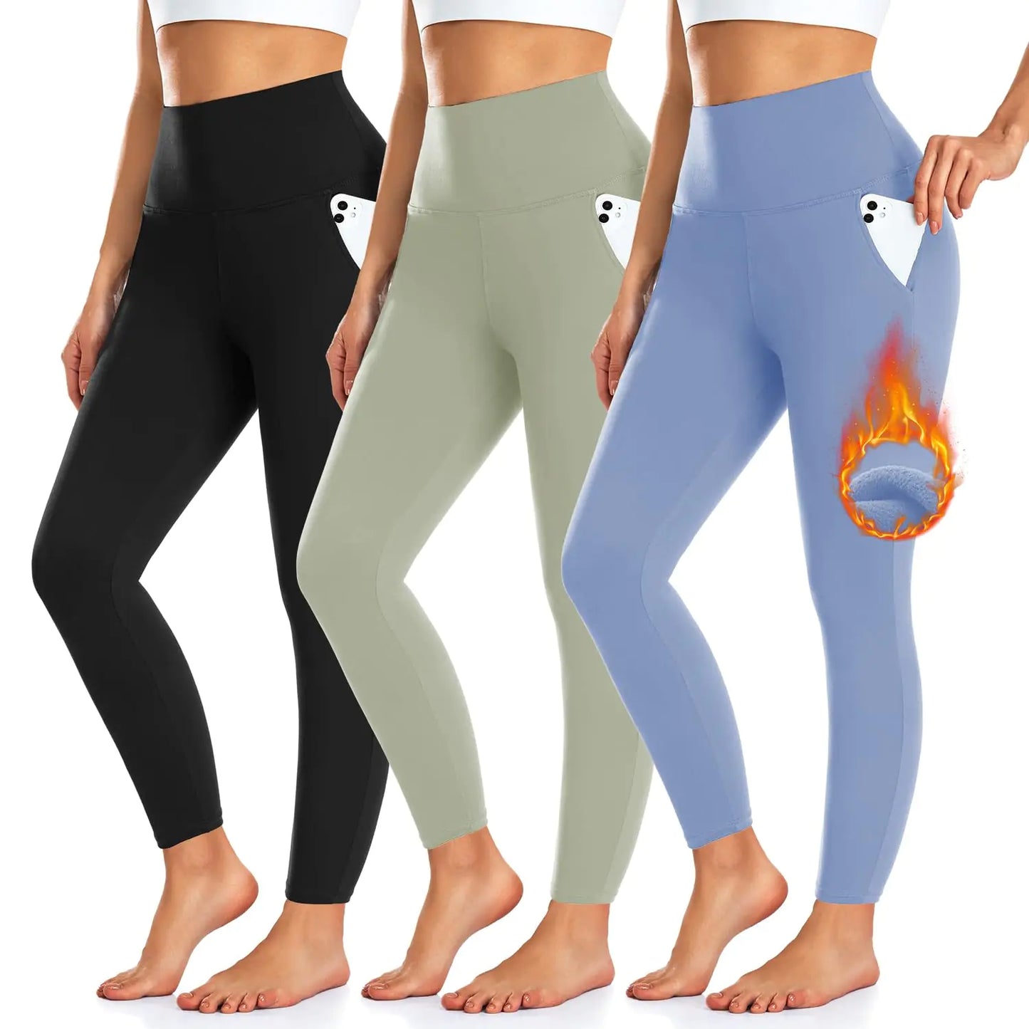 3 Pack Fleece Lined Leggings Women with Pockets -Warm Winter Yoga Pants for Women Thermal Running Workout Leggings Large-X-Large Black/Tea Gray/Morandi Blue